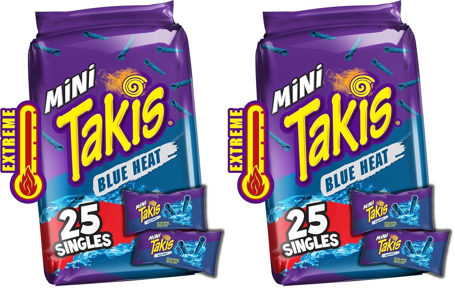 image:imageTakis Blue Heat Mini 25 pc 123 oz Bite Size Multipack Hot Chili Pepper Flavored Extreme Spicy Rolled Tortilla ChipsBlue Heat