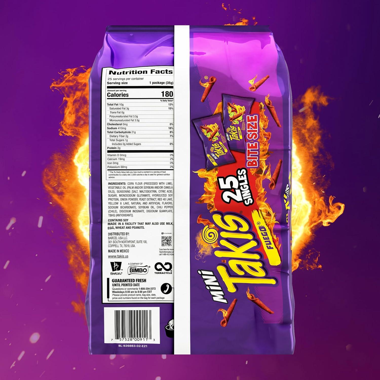 image:imageTakis Blue Heat Mini 25 pc 123 oz Bite Size Multipack Hot Chili Pepper Flavored Extreme Spicy Rolled Tortilla ChipsFuego