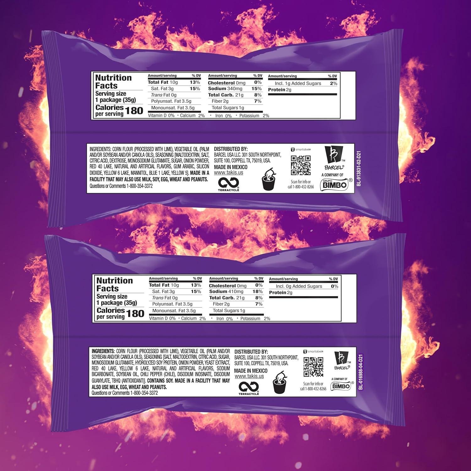 image:imageTakis Blue Heat Mini 25 pc 123 oz Bite Size Multipack Hot Chili Pepper Flavored Extreme Spicy Rolled Tortilla ChipsFuego and Nitro