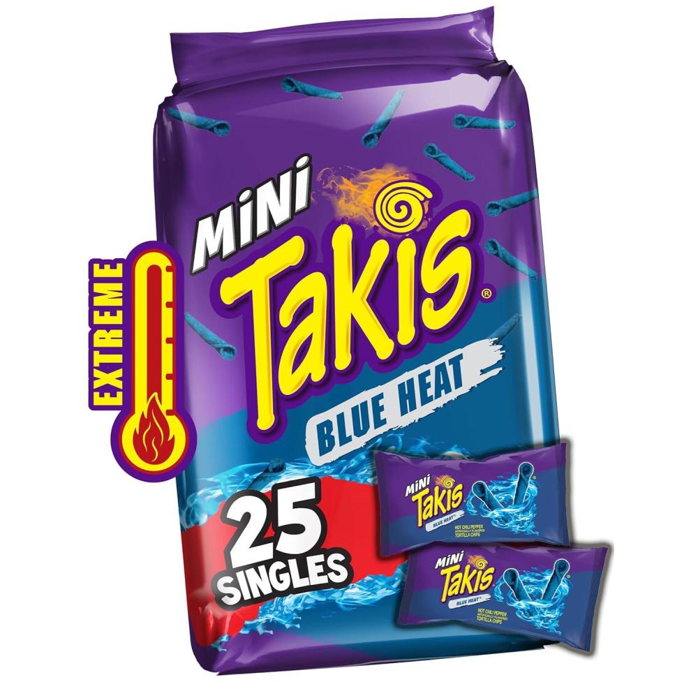 image:imageTakis Blue Heat Mini 25 pc 123 oz Bite Size Multipack Hot Chili Pepper Flavored Extreme Spicy Rolled Tortilla ChipsBlue Heat