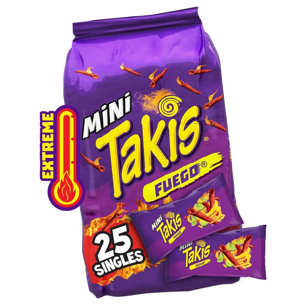 image:imageTakis Blue Heat Mini 25 pc 123 oz Bite Size Multipack Hot Chili Pepper Flavored Extreme Spicy Rolled Tortilla ChipsFuego