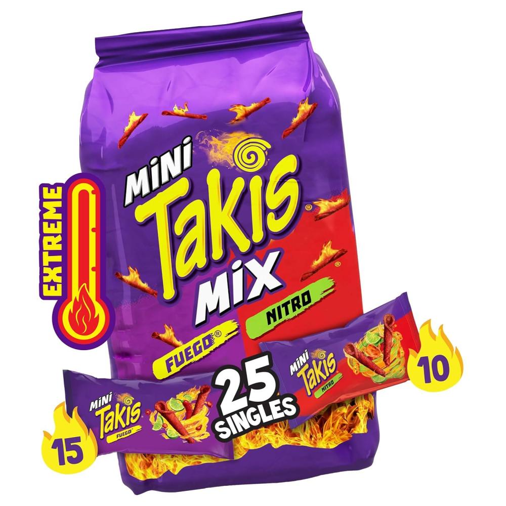 image:imageTakis Blue Heat Mini 25 pc 123 oz Bite Size Multipack Hot Chili Pepper Flavored Extreme Spicy Rolled Tortilla ChipsFuego and Nitro