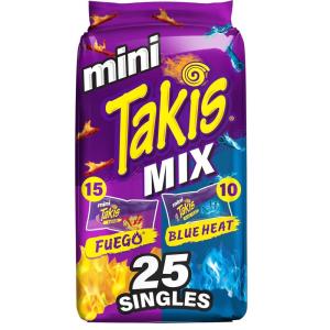 Takis Blue Heat Mini 25 pc / 1.23 oz Bite Size Multipack, Hot Chili Pepper Flavored Extreme Spicy Rolled Tortilla Chips(Assorted)