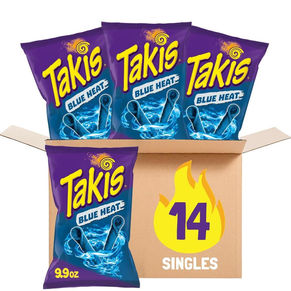 image:imageTakis Blue Heat Rolled Tortilla Chips Hot Chili Pepper Flavored Multipack Box with 14 Bags of 99 OuncesBlue Heat
