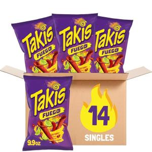Takis Blue Heat Rolled Tortilla Chips, Hot Chili Pepper Flavored, Multipack Box with 14 Bags of 9.9 Ounces(Fuego)