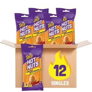 Takis Fuego Hot Nuts 12 ct, 1.75 oz Value Size Case, Hot Chili Pepper & Lime Flavored Extreme Spicy Double-Crunch Peanuts(Nacho)