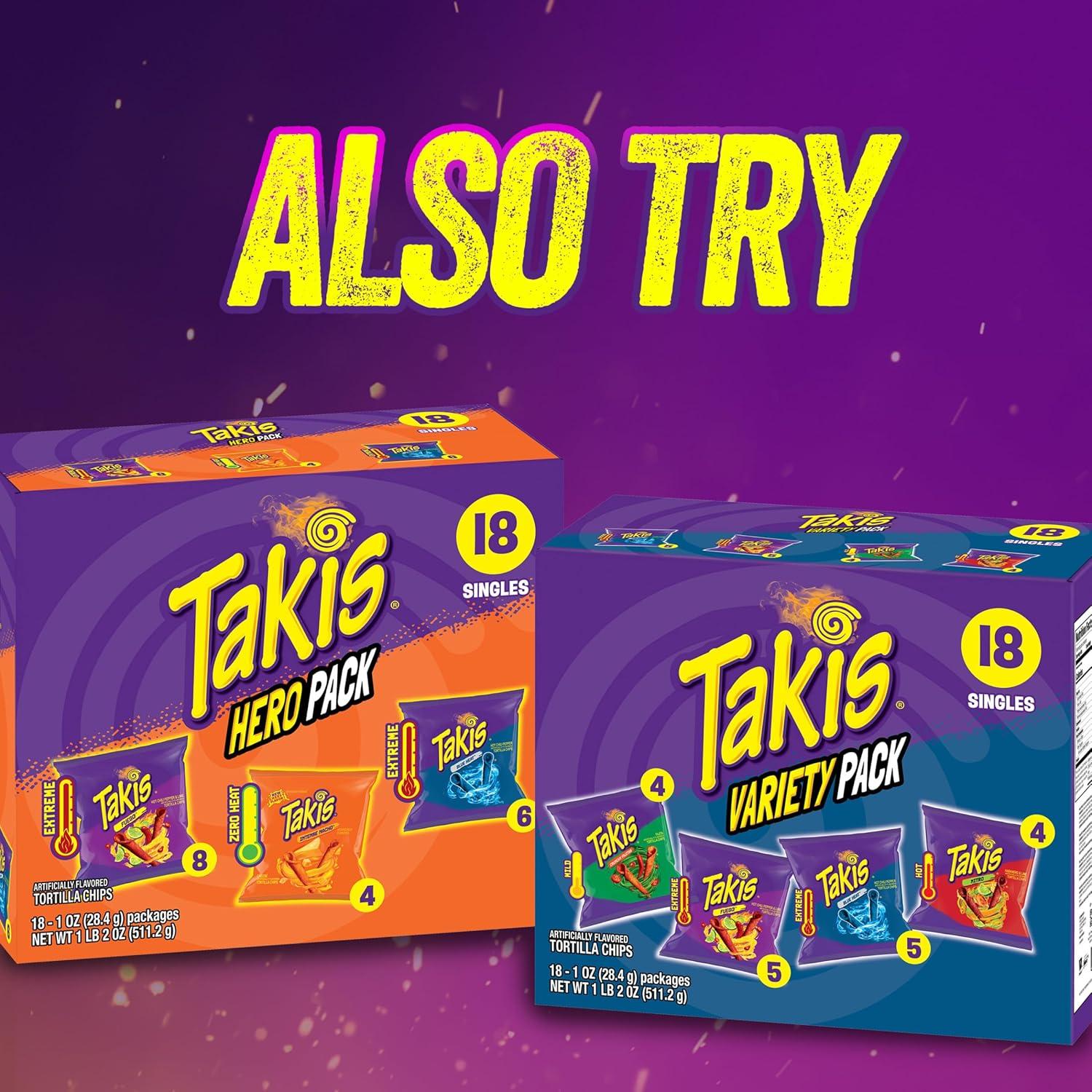 image:imageTakis 18 pc 1 oz Hero Variety Pack Assorted Flavored Mixed Rolled Tortilla Chips 8 Fuego 6 Blue Heat 4 Intense NachoValentine