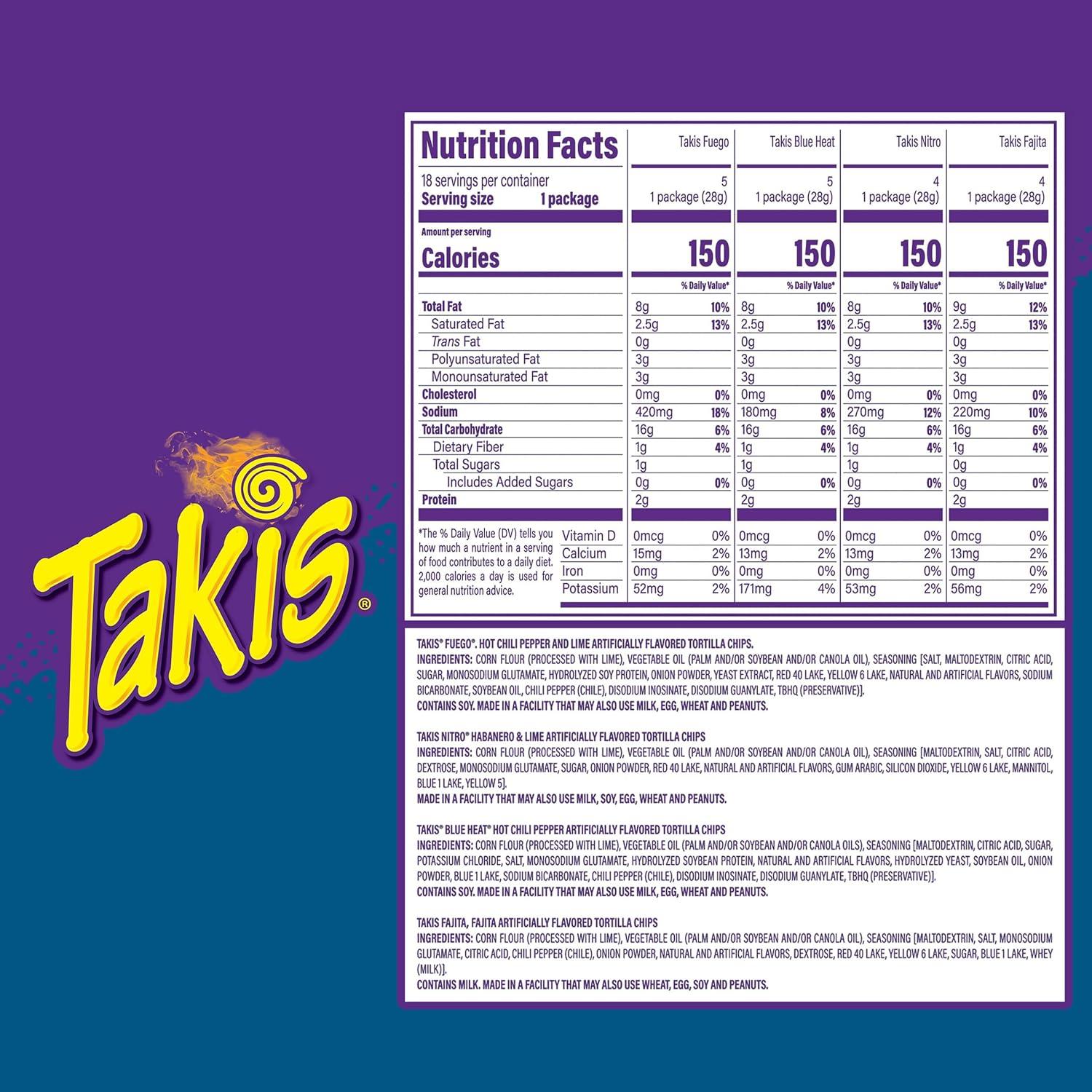 image:imageTakis 18 pc 1 oz Hero Variety Pack Assorted Flavored Mixed Rolled Tortilla Chips 8 Fuego 6 Blue Heat 4 Intense NachoVariety 2PK