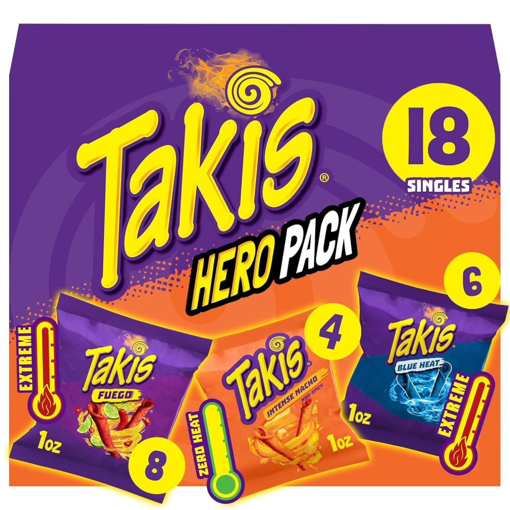 image:imageTakis 18 pc 1 oz Hero Variety Pack Assorted Flavored Mixed Rolled Tortilla Chips 8 Fuego 6 Blue Heat 4 Intense NachoHero