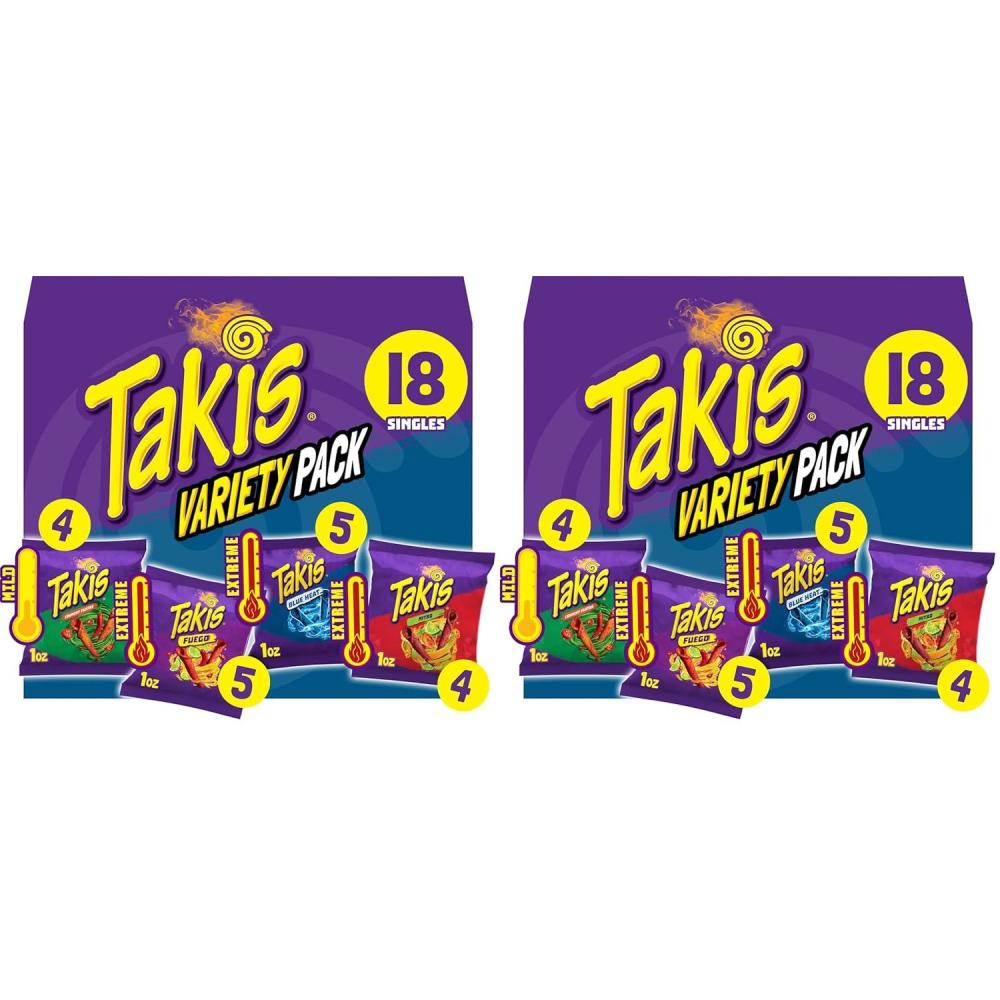 image:imageTakis 18 pc 1 oz Hero Variety Pack Assorted Flavored Mixed Rolled Tortilla Chips 8 Fuego 6 Blue Heat 4 Intense NachoVariety 2PK
