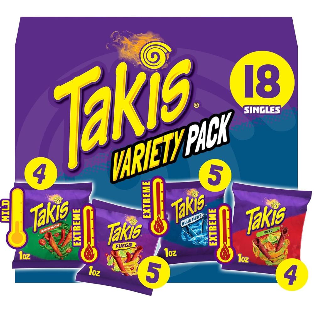 image:imageTakis 18 pc 1 oz Hero Variety Pack Assorted Flavored Mixed Rolled Tortilla Chips 8 Fuego 6 Blue Heat 4 Intense NachoVariety
