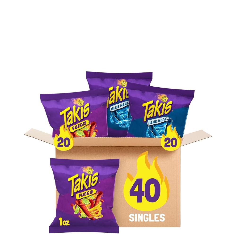 image:imageTakis 40 pc 1 oz Variety Pack Fuego amp Blue Heat Flavored Rolled Tortilla Chips 20 Fuego 20 Blue Heat Perfect for Tailgates Parties or the OfficeFuego and Blue Heat
