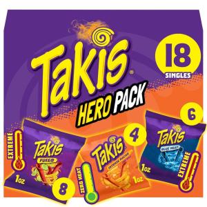 Takis 18 pc / 1 oz Hero Variety Pack, Assorted Flavored Mixed Rolled Tortilla Chips – (8) Fuego, (6) Blue Heat, (4) Intense Nacho(Hero)