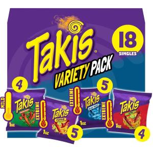 Takis 18 pc / 1 oz Hero Variety Pack, Assorted Flavored Mixed Rolled Tortilla Chips – (8) Fuego, (6) Blue Heat, (4) Intense Nacho(Variety)