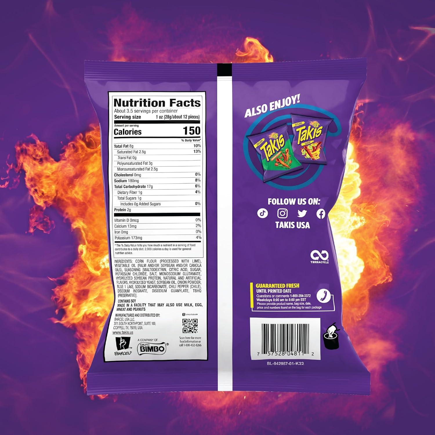image:imageTakis Blue Heat 6 pc 325 oz Snack Size Case Hot Chili Pepper Flavored Extreme Spicy Rolled Tortilla Chips