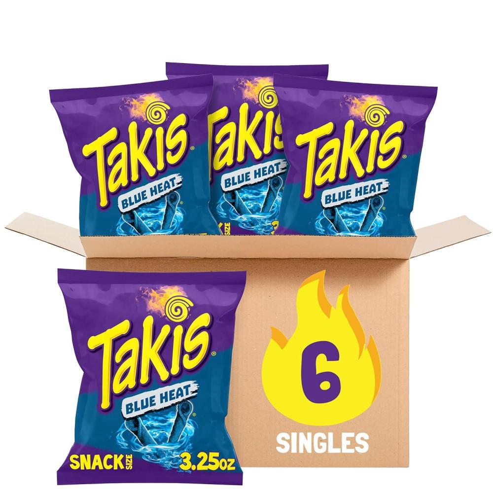 image:imageTakis Blue Heat 6 pc 325 oz Snack Size Case Hot Chili Pepper Flavored Extreme Spicy Rolled Tortilla Chips