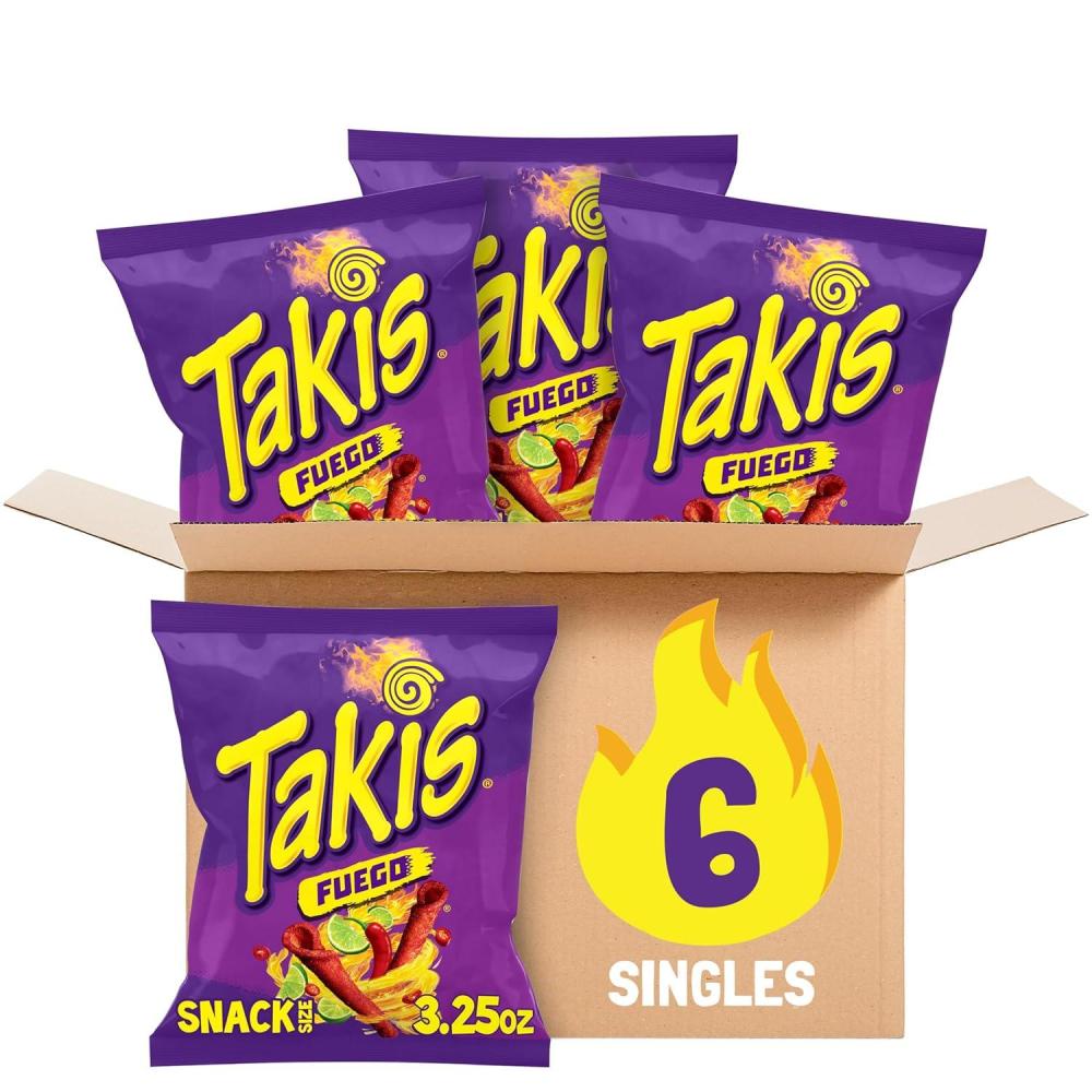 image:imageTakis Fuego Hot Chili Pepper amp Lime Flavored Extreme Spicy Rolled Tortilla Chips Snack Size Bag Pack of 4Fuego 6PK