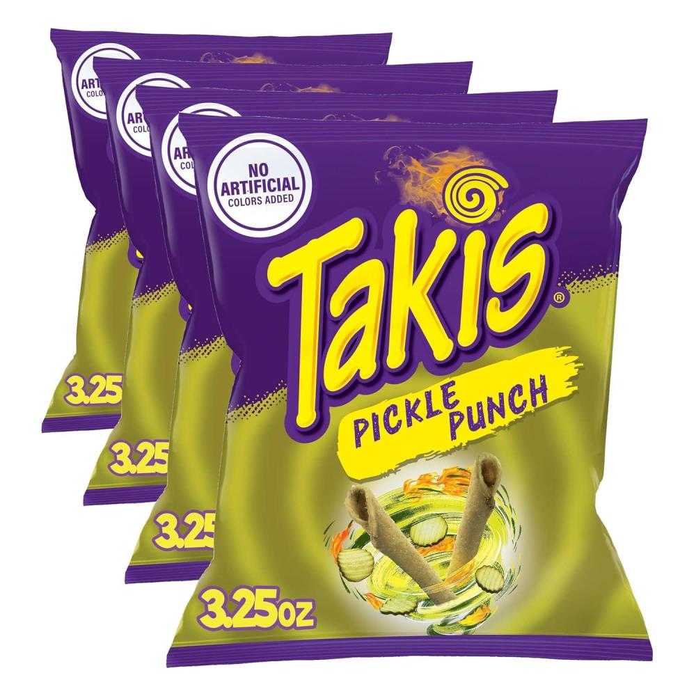 image:imageTakis Pickle Punch 325 oz Snack Size Bag Spicy Pickle Flavored Rolled Tortilla Chips Pack of 4Pickle Punch 4PK