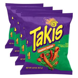 Takis Fuego, Hot Chili Pepper & Lime Flavored Extreme Spicy Rolled Tortilla Chips Snack Size Bag (Pack of 4)(Fajitas (4PK))