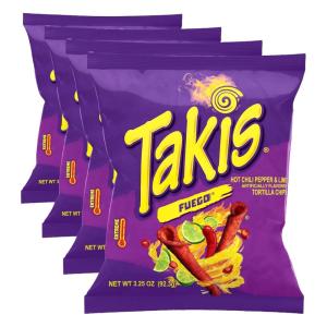 Takis Fuego, Hot Chili Pepper & Lime Flavored Extreme Spicy Rolled Tortilla Chips Snack Size Bag (Pack of 4)(Fuego)
